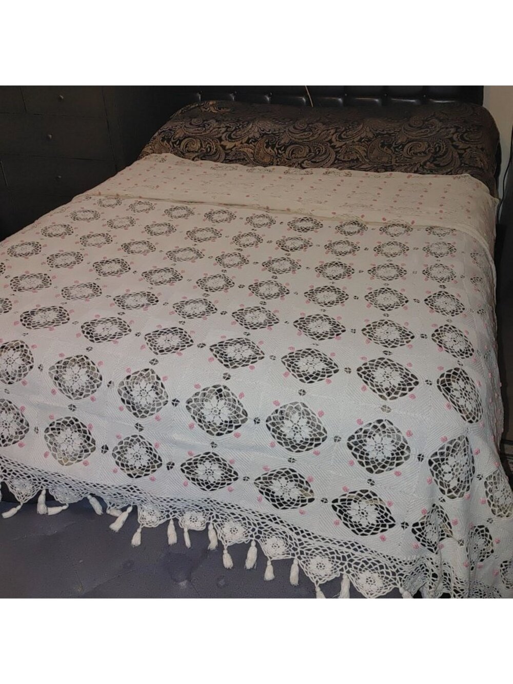 White Crochet King Bedspread Vintage Handmade Lattice Tassel Lace Floral Flower
